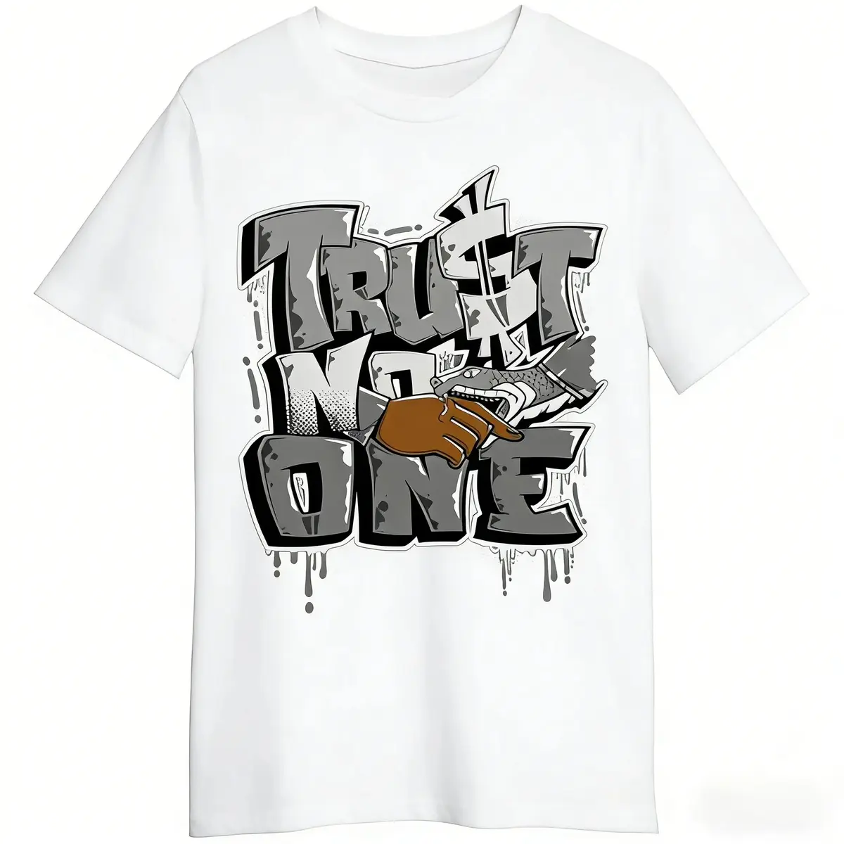Cotton Trust No One Graffiti T-Shirt, Street Art Money Hand Graphic Tee for Men and Women, Urban Style Streetwear Top with Bold Trust No One Print, Trendy Hip Hop Graphic Shirt for Casual Everyday Wear