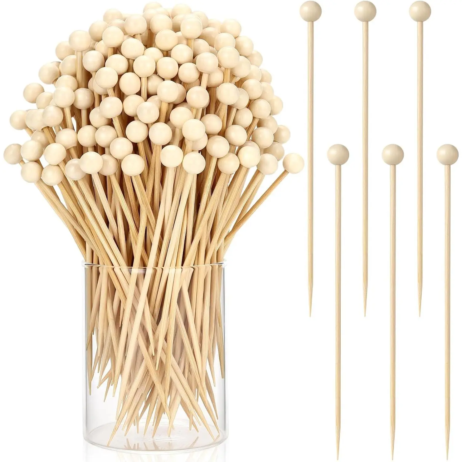 100 count Ball Toothpicks, 5.3 Inch Balls  Picks for Appetizers, Round  Toothpicks, Wooden Decorative Toothpicks Skewers for Holiday Birthday Party Decorations (Ball)