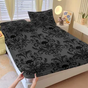 3PCS Dark Gray Damask Skull Vintage Fitted Sheet Set (1 Fitted Sheet + 2 Pillowcases, No Pillows Included),Soft Breathable Skin-Friendly Fabric,Home Dorm High-Definition Digital Printing,Luxurious Gothic Theme Bedding,Vintage Gothic Summer Vibes