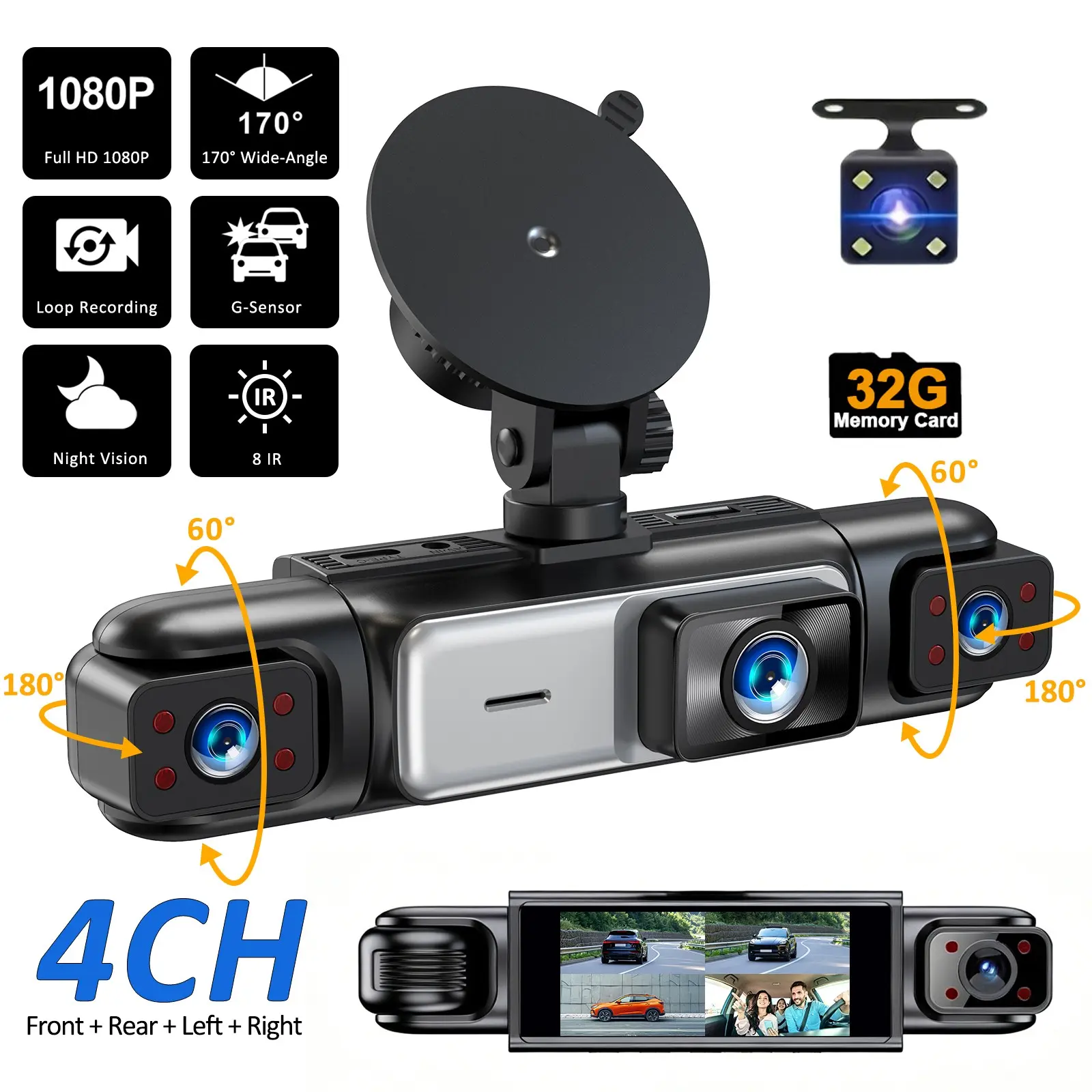 4-Channel Dash Cam for Cars, 1080P Front + 720p Lenses, 3.16" IPS Screen, Night Vision, Loop Recording, Wide Angle, Parking Monitor, HD Car Camera