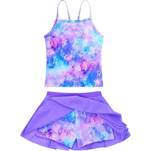 Girls Tankini Swimsuit Two Piece Sleeveless Bathing Suits with Shorts Multicolor Summer Beach Wear for Kids 3-12T(Gift)
