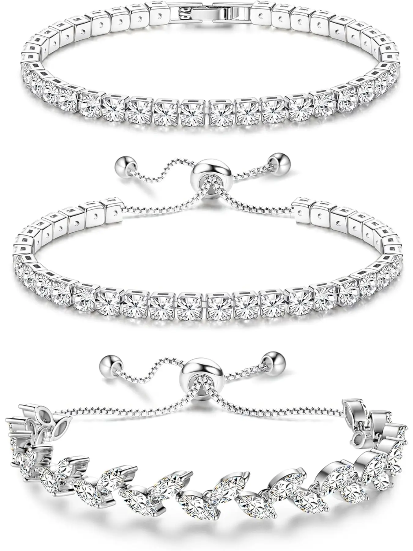 Tennis Bracelets For Women - Silver Plated Beaded Bracelet Sets Stack Cubic Zirconia CZ Diamond Adjustable Stackable Bracelets Set For Prom Wedding Jewelry Gift 3Pcs