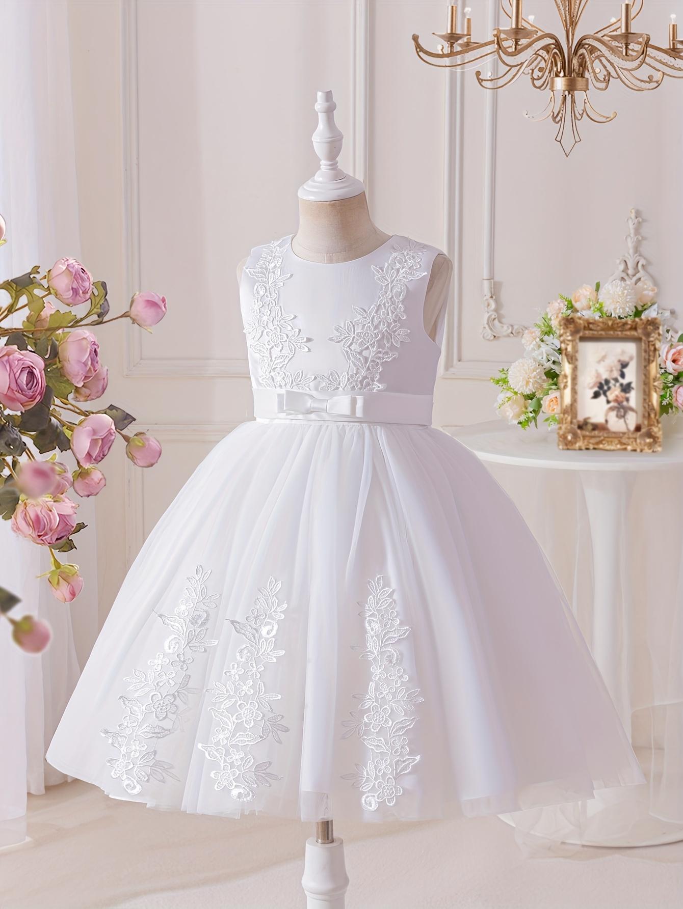 Girls Princess Dress Lace Mesh Flower Girl Wedding Stage Runway Sleeveless Midi Crew Neck Embroidered Tie Back Flared Hem All Season Non Stretch Formal Dresses