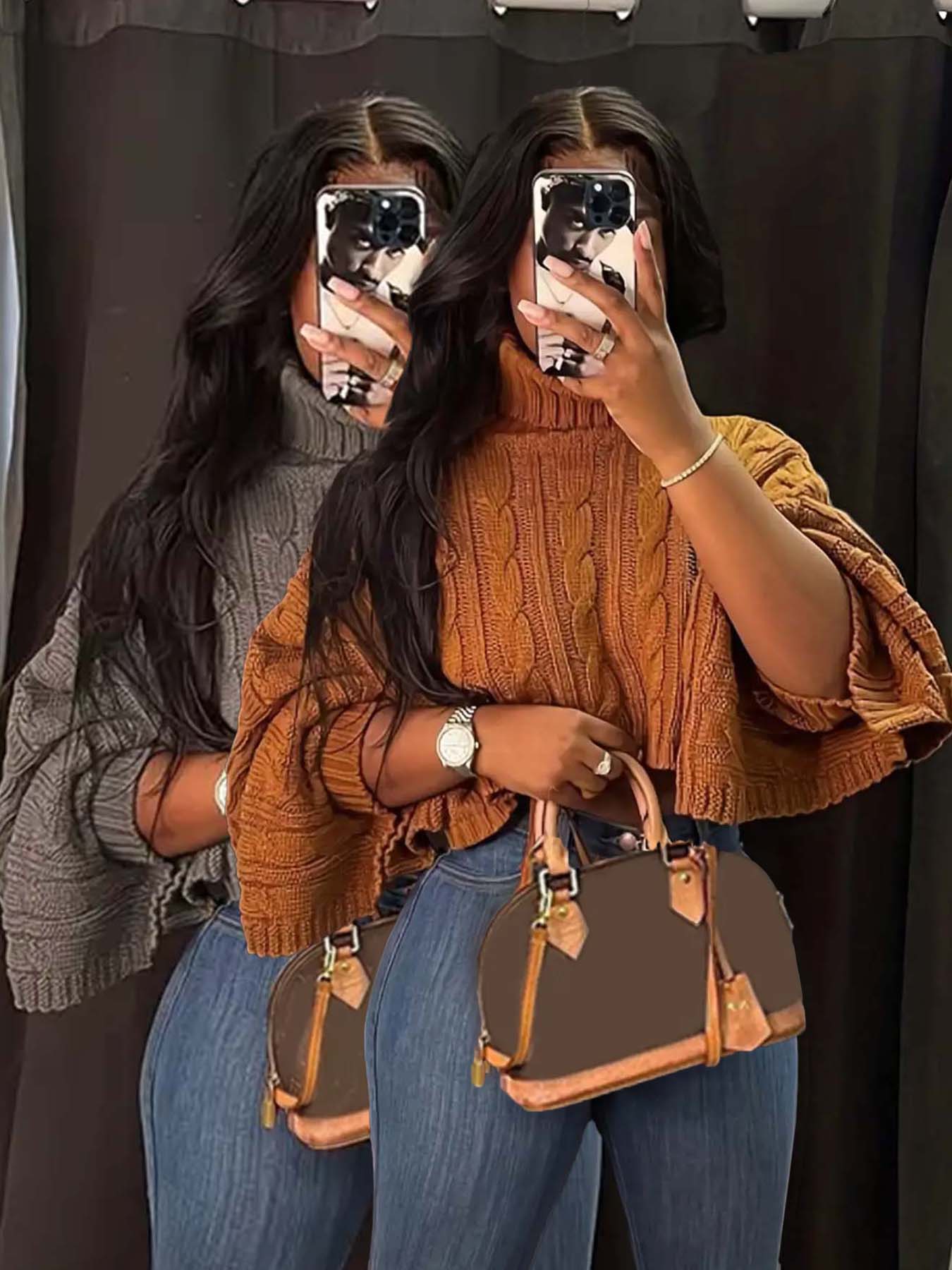 Women's Textured Split Sleeve Turtle Neck Cropped Sweater, Casual Solid Color High Neck Long Sleeve Jumper, Women's Knit Clothing for Daily Wear