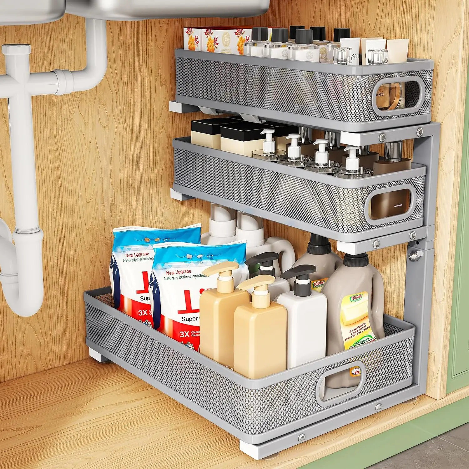 Under Sink Organizer, 1-Pack 3-Tier Height Adjustable Thickened Metal Pull out Cabinet Organizer Shelf, Slide out Storage Drawer Rack for Bathroom Kitchen Pantry  Organization, Grey