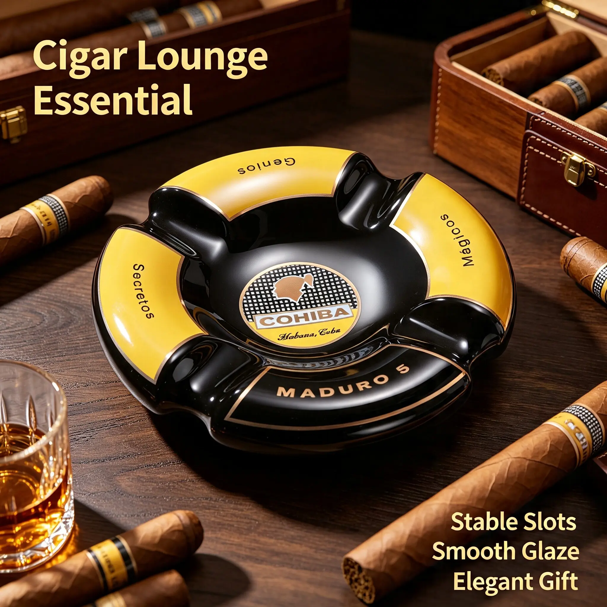 Luxury Ceramic Cigar Ashtray, Maduro 5 Collection, 4 Wide Rest Slots, Glossy Glaze, Ideal for Home Bar Lounge Office, Gift for Cigar Lovers