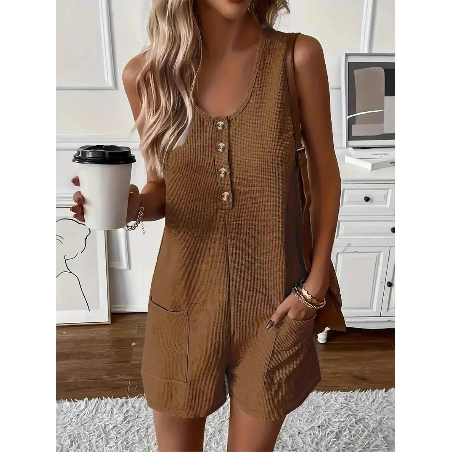 2026 Summer New Women's Casual Button Pocket Jumpsuit, Sleeveless Vest Romper, Fashion, Trendy and Comfortable