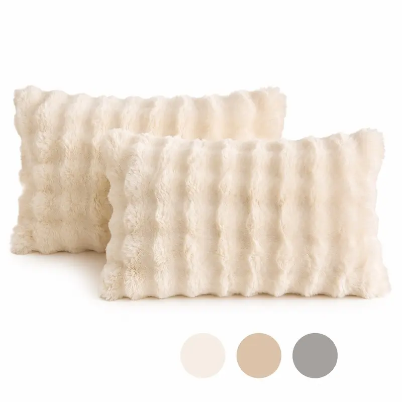 Cream White Faux Rabbit Fur Pillowcases, Ultra Soft Fluffy Plush Bed Pillow Covers with Raised Stripe Texture, Cozy Decorative Pillow Shams for Bedroom, Sofa, Dorm and Guest Room, 50 x 75 cm, Pillow Inserts Not Included