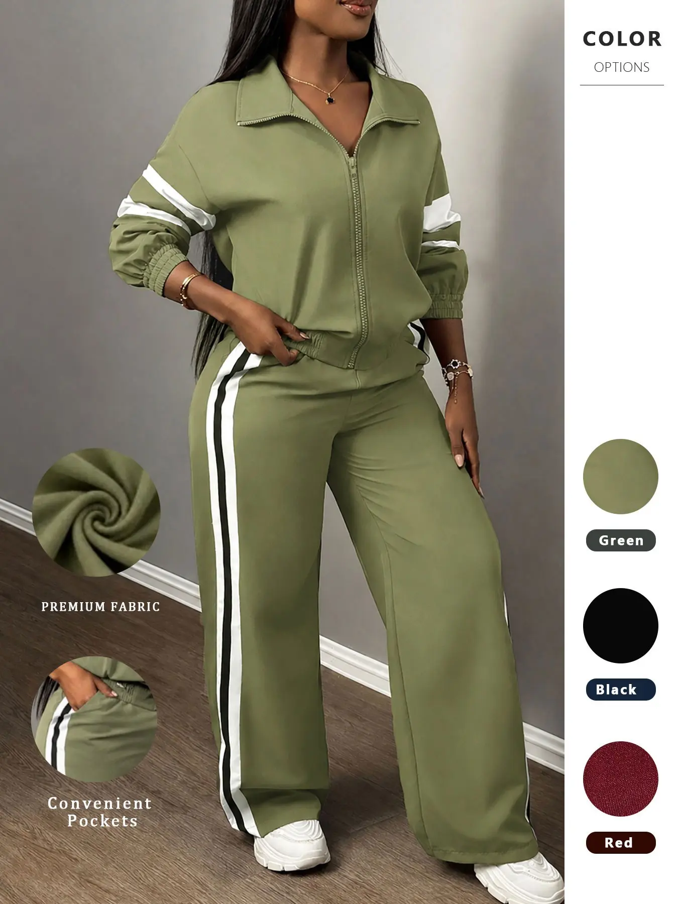 Women's Two-Piece Sporty Casual Set, Comfortable Fabric, Zipper Jacket & Striped Wide Leg Pants, Practical Pockets, Spring Fall Fashion