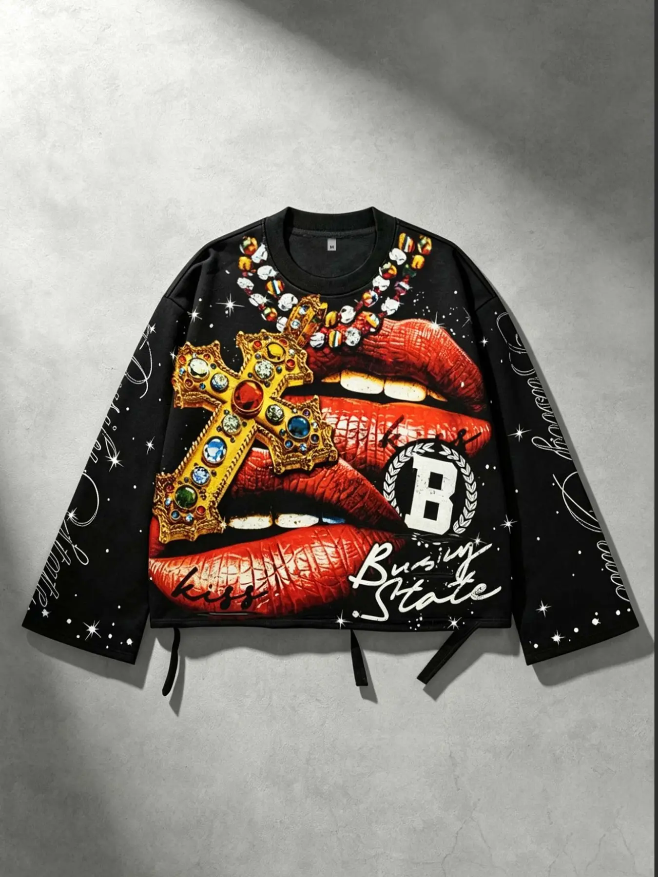 cross red lip men's long-sleeved T-shirt, distressed hole gem cross starry sky print trumpet sleeve round neck, spring and autumn street life hip-hop Y2K Vintage style rock music festival clothes, Streetwear