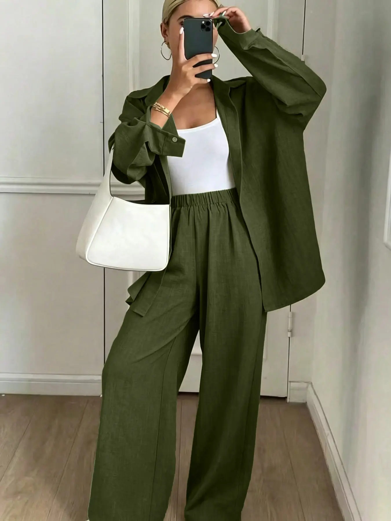 Women's Solid Color Baggy Loose Shirt and Wide Leg Pants Set, Casual Fashion, Perfect for Vacation, Daily Wear, Summer Women's Clothing