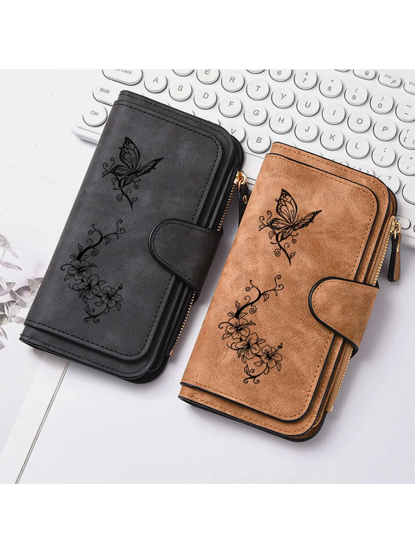 Fashionable and elegant style women's wallet, PU Leather Wallet, multifunctional fashionable and trendy women's wallet, exquisite butterfly and blooming flower pattern decoration, is an excellent birthday gift/Halloween gift/Christmas gift