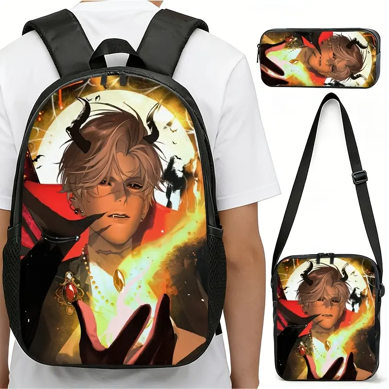 Anime Theme Demon Artwork Horned Male Character Fantasy Look 3-Piece Oxford Fabric Casual Daily School Backpack Set - Zipper Closure Backpack with Breathable Padded Straps, Waterproof Insulated Lunch Bag, Pencil Case