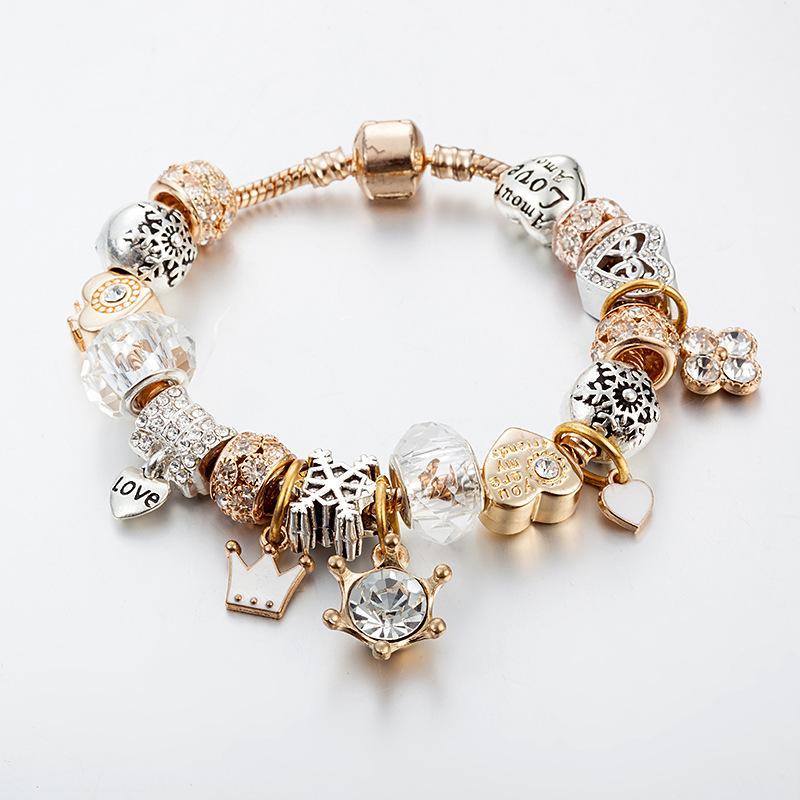 Beaded Crystal Bracelet with Crown, Heart & Snowflake Charms, Elegant Fashion Jewelry for Women, Perfect for Daily Wear, Parties & Gifting