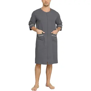 Men's 100% Cotton Robe Summer Short Sleeve Lightweight Zip-Up Bathrobe with Pockets Breathable House Coat Knee Length