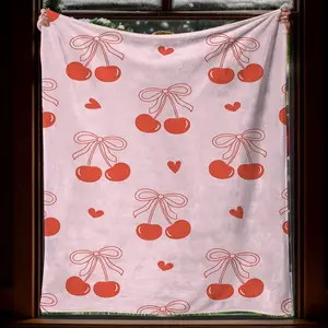 1Pc Christmas Flannel Blanket With Cherries And Bows Design Soft Warm Cozy For Bed Sofa Gift Idea For Women Ladies