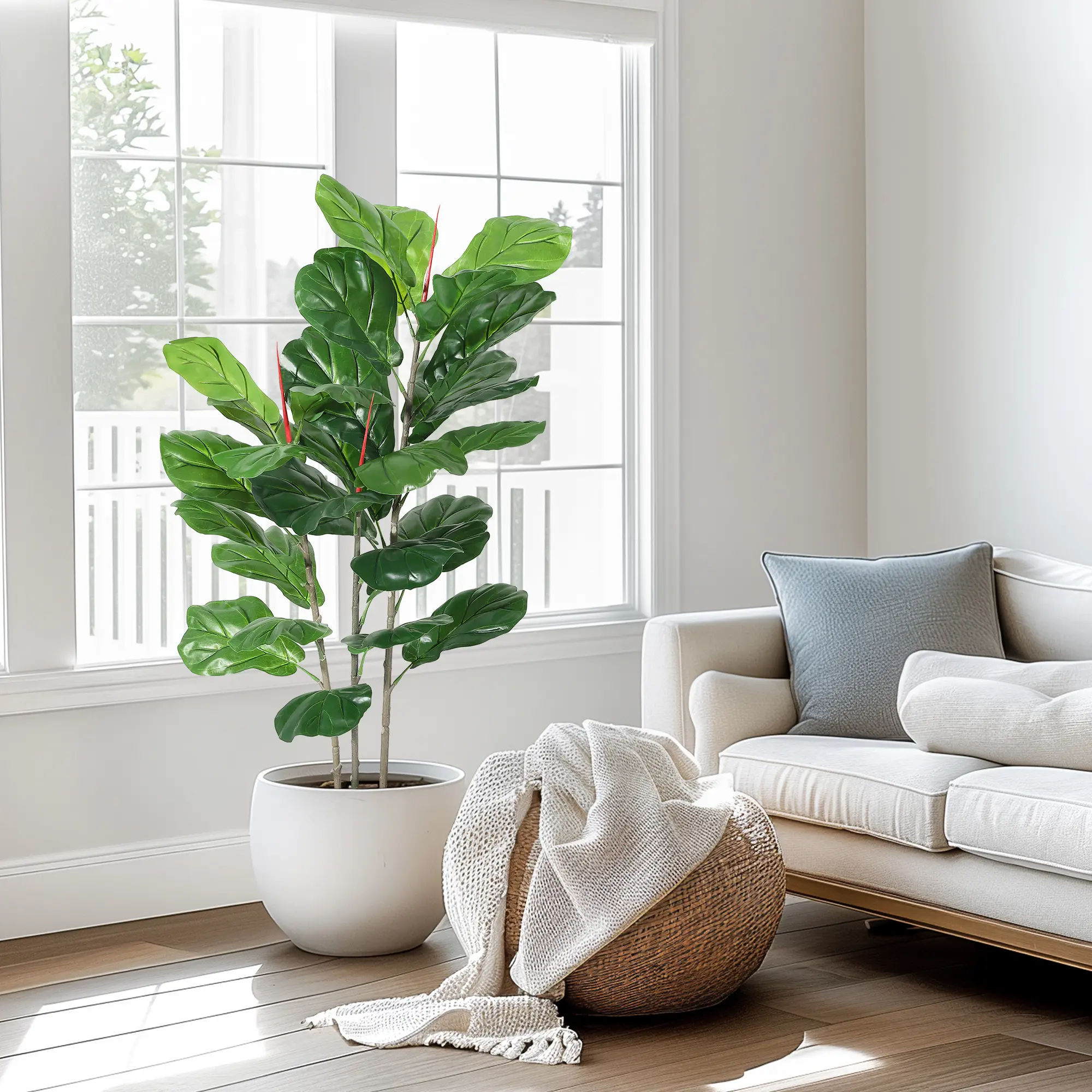 Garvee Realistic 39 Inch Artificial Fiddle Leaf Fig Tree – Faux Indoor Floor Plant with Lifelike Leaves, Natural Wood Trunk, Black Pot & Straw Basin – Decorative Greenery for Home, Office, Living Room – Maintenance Free