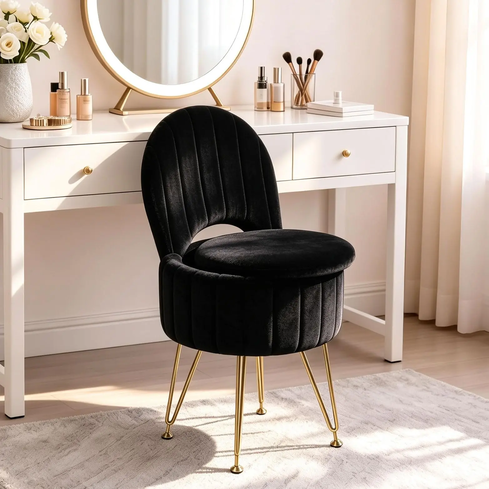Vanity Chair with Hidden Storage, Faux Fur Vanity Stool with Folding Backrest & Adjustable Feet, Soft Ottoman for Living Room, Bedroom, Makeup Room