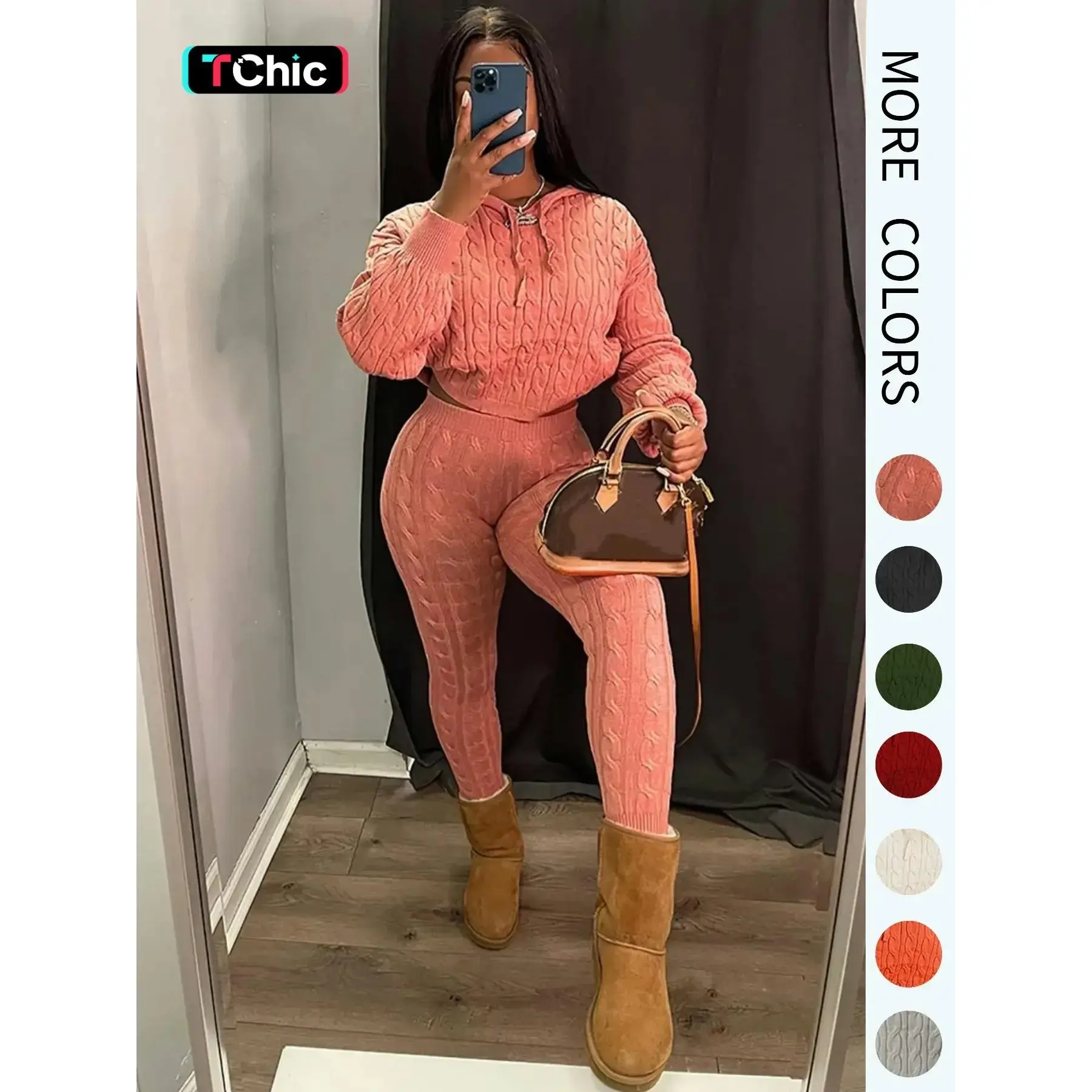 Women's Minimalist Textured Long Sleeve Crop Hooded Sweater & High Waist Skinny Fitted Pants Set, Casual Cozy Chic Ladies' Knitwear, Basic Womenswear Outfit, Fitted Clothing Set, Casual Style Set, Clothes