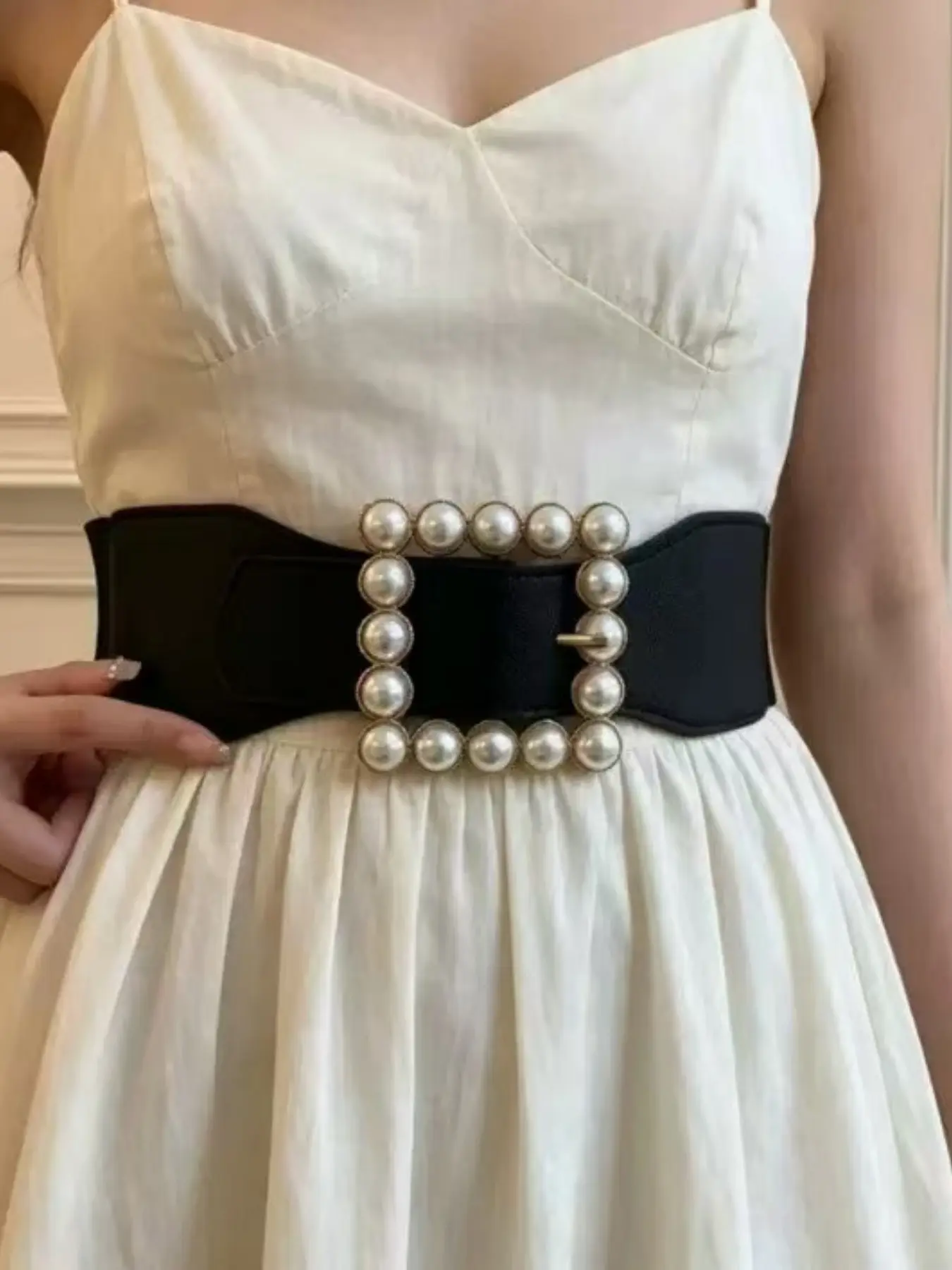 New Fashion Imitation Pearl Square Buckle Elastic Waistband, Women's Wide Decorative Belt, Versatile for Dresses, Suits, Sweaters, All Seasons
