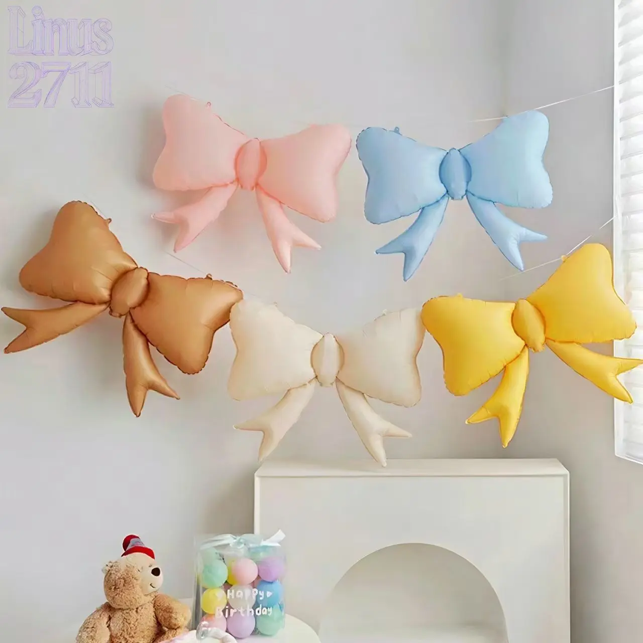 5Pcs Matte Macaron Bow Foil Balloons Large Bowknot Aluminum Film Balloon Pastel Color Birthday Party Backdrop Decor Baby Shower Gender Reveal Wall Hanging Banner Photo Props Wedding Kids Room Nursery Decor Supplies