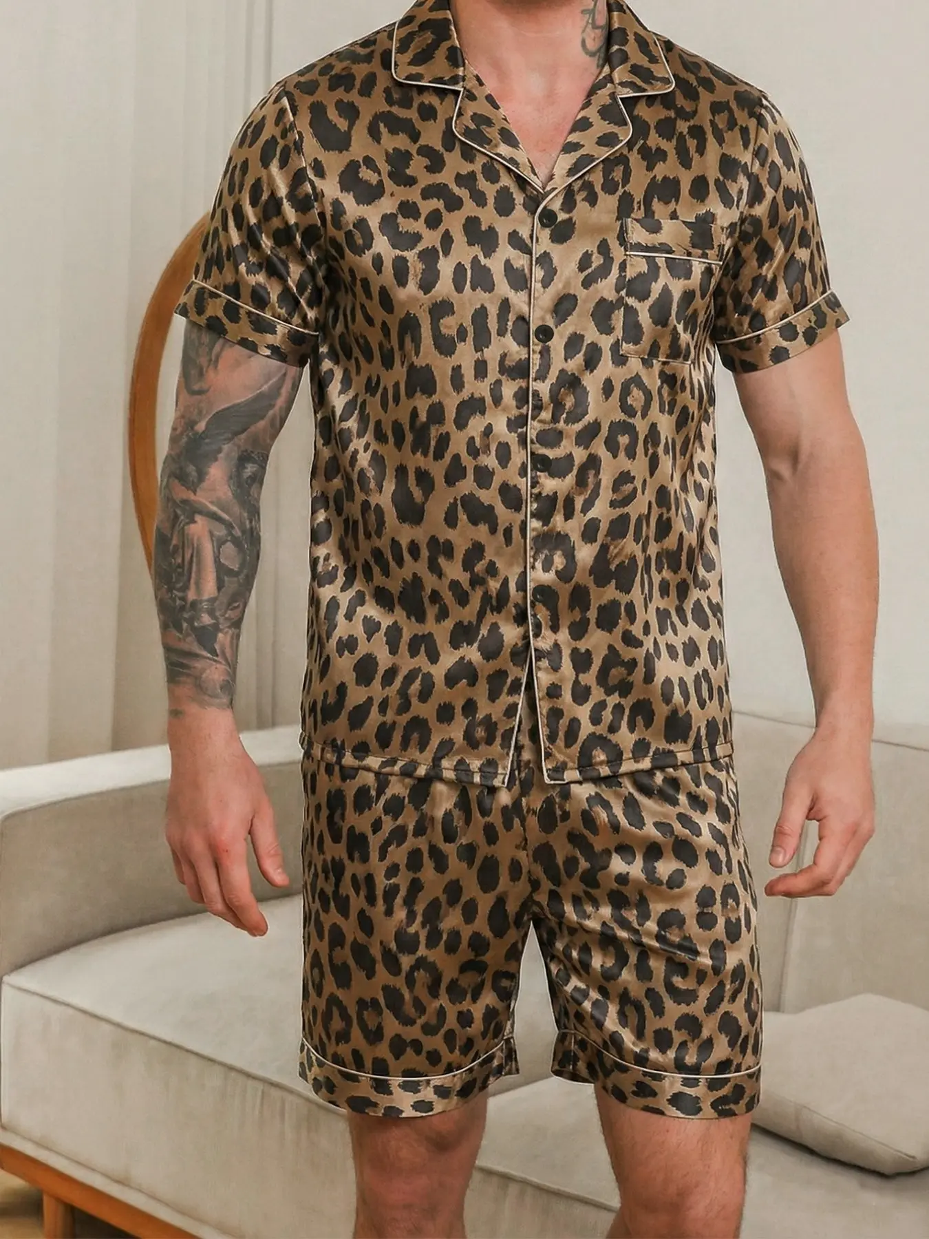 Men's Summer Short Sleeve Pajama Set, Leopard Print Design, Comfortable Sleepwear, Casual Home, Casual Comfy Loungewear, Pyjamas, Pjs, Stylish Night Clothes