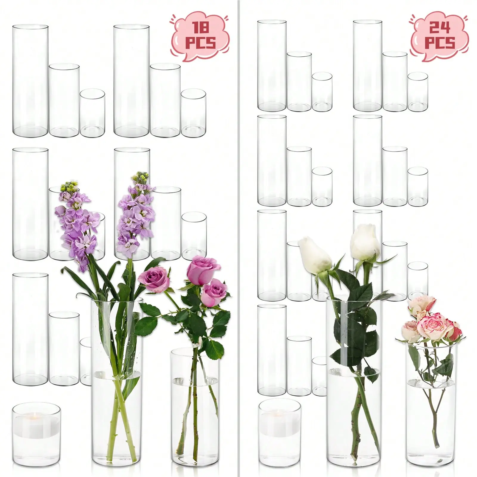 9/18/24/30pcs Clear Glass Cylinder Vases, 4, 8, 12 Inch Tall Cylinder Vases For Centerpieces, Glass Flower Vase, Hurricane Floating Candle Holder Vase For Table Shelf, Party, Wedding, Home, Party Decor