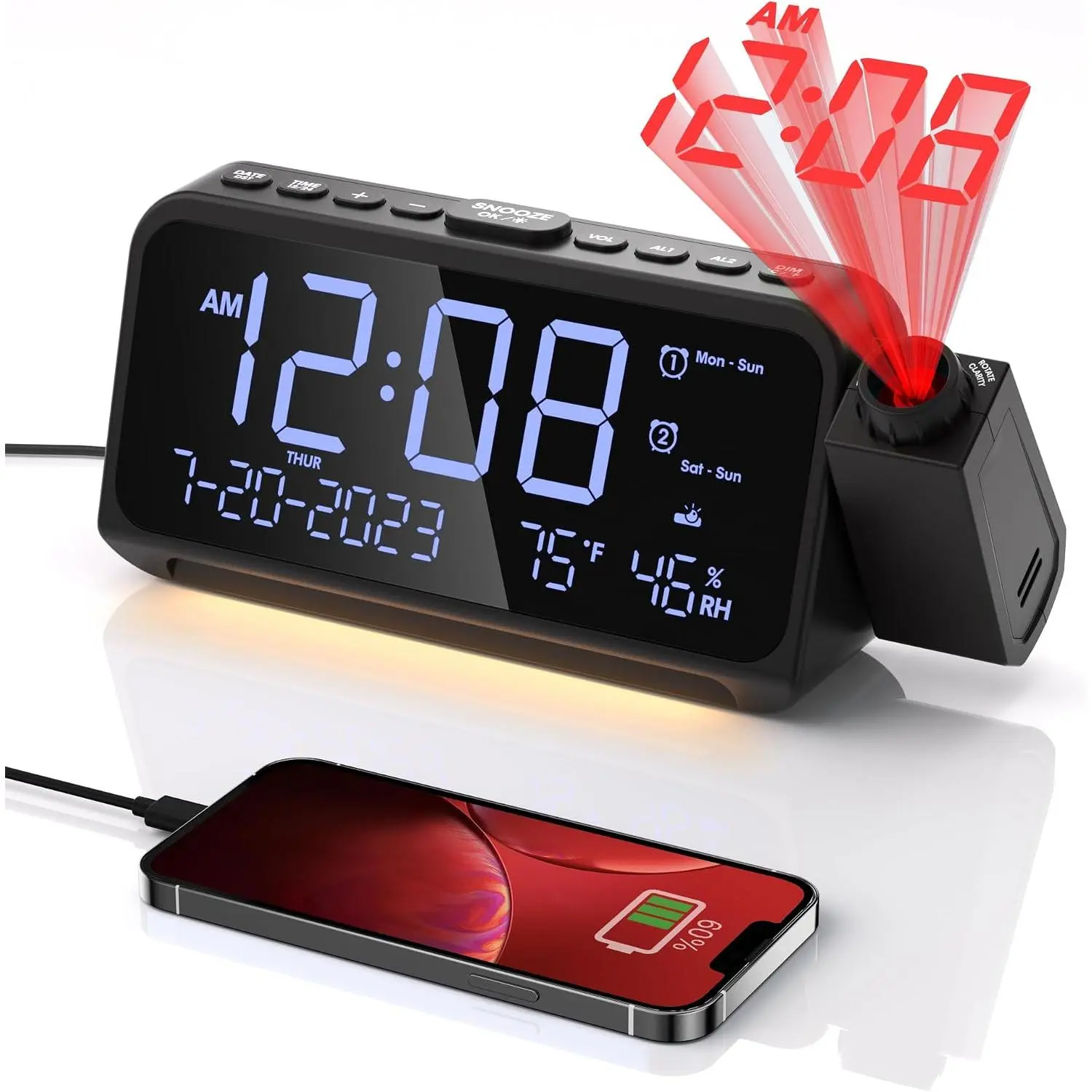 Projection Clock for Bedroom Ceiling,  Clock with  Backup | 350° Red Projector, White LED Display,  Alarms, 4  Modes, 5-Level Dimmer, Temp & Humidity, Snooze, USB