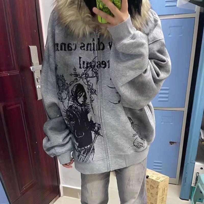Women Y2k Aesthetic Tie-dye Printing Hoodies Harajuku Vintage Fur Patchwork Hooded Hoody Casual Grunge Oversized Sweatshirts