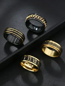 4Pcs Two Tone Black Gold Spinner Wide Band Ring Set Stainless Steel Rotatable Chain Celtic Knot Roman Numeral Triple Line Rings Waterproof Hip Hop Unisex Statement Jewelry Gift for Men Women