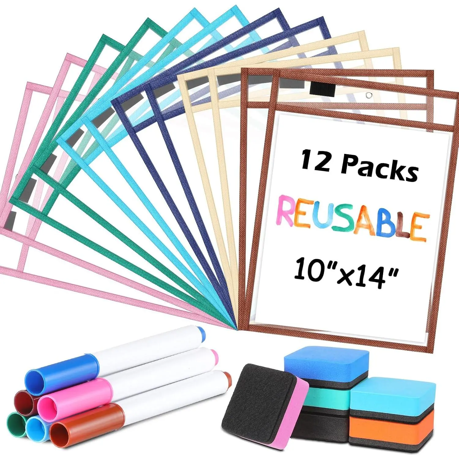24 count  Dry Erase Pocket Sleeves 10" x 14" Clear Plastic Paper Sheet Sleeves Protectors Ticket Holders with Markers and Mini Dry Erasers for Teacher School Classroom Supplies( Boho)