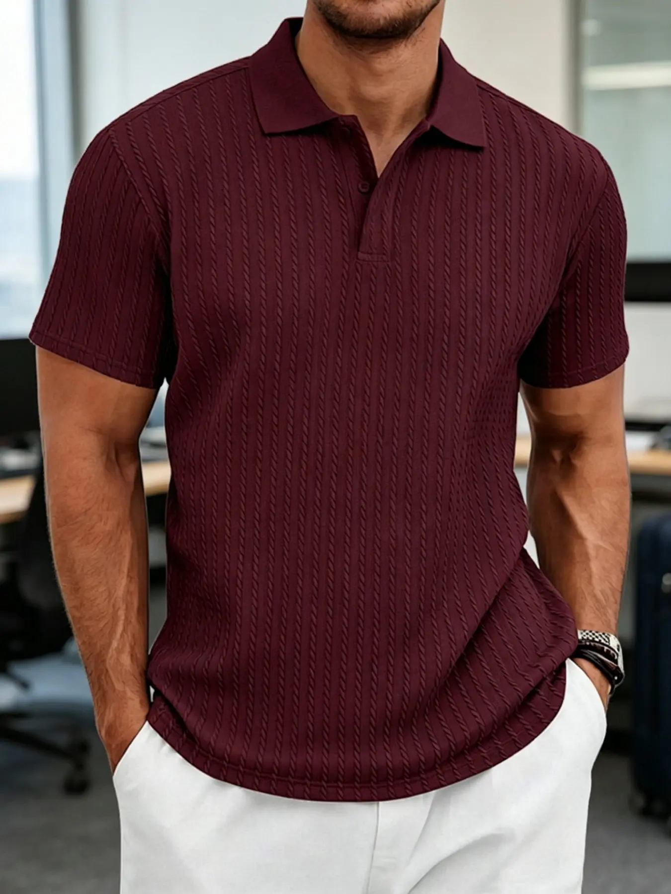 American Style Summer Men's Casual Relaxed Fit Knitted Texture Commute Office Short Sleeve Polo Shirt, Comfortable and Stylish Design