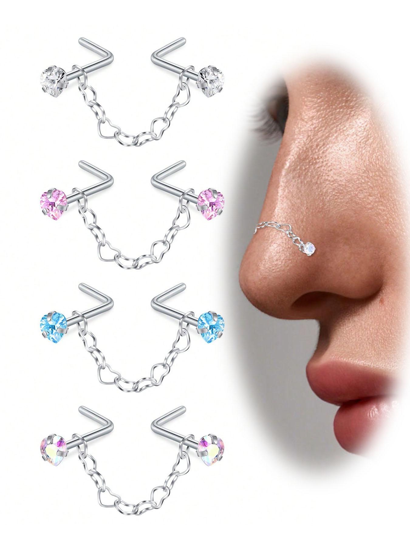 Fashion Stainless Steel Nose Ring with Chain, Cubic Zirconia Heart Design, Synthetic Zircon L-Shaped Piercing Jewelry