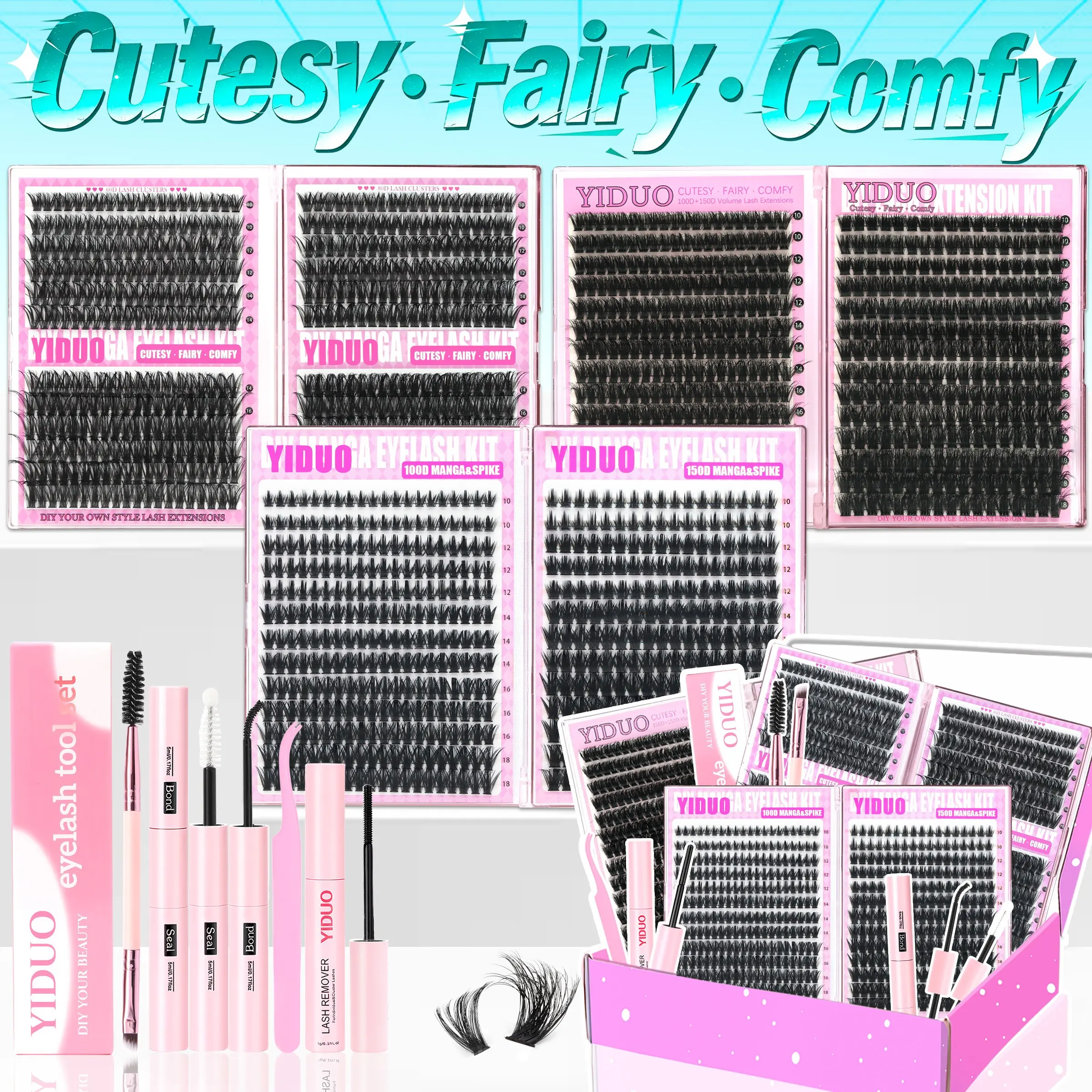 YIDUO Extra-Large Capacity Complete Eyelash Kit – 1479 PCS Lash Clusters with 60D+80D Volume and 100D+150D Manga & Spike Extensions, DIY Your Own Style, Includes Bond, Seal, Remover, Tweezers & Brush