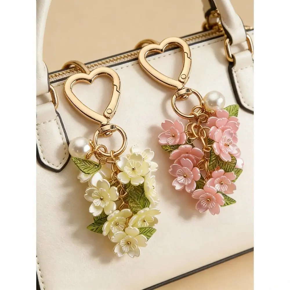 Cute Cherry Blossom Keychain, Romantic Heart-Shaped Pink Enamel Pendant with Synthetic Faux Pearls, Fashion Bag Charm for Women, Valentine, Cherry Blossoms, Floral, Car, Enamel Finish, Casual