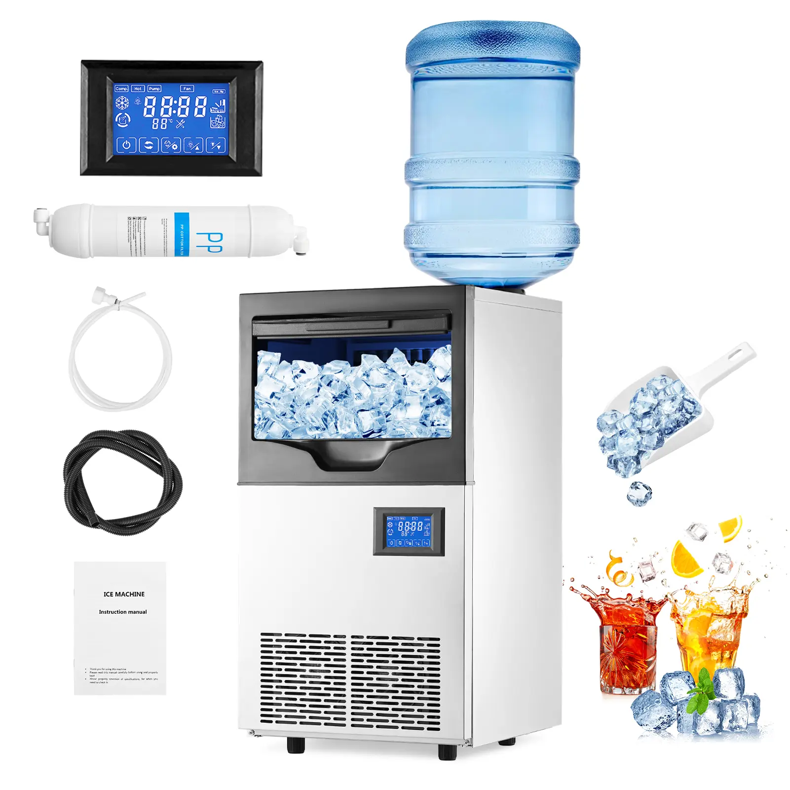 Commercial Ice Maker Machine, Freestanding/Under Counter Stainless Steel Ice Machine,110Lbs/24 Hour with 35Lbs Ice Storage,  Self Cleaning, Ice Maker for Bussiness / Home