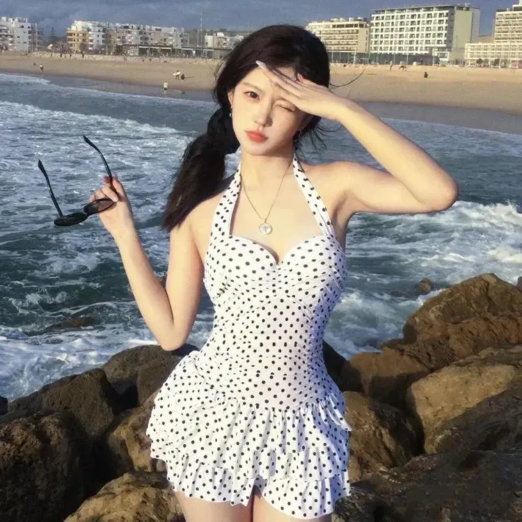 Slimming One-Piece Swimsuit Korean Vintage Classic Cake Skirt Style Women's Swimming Costume Suitable for Different Chest Sizes