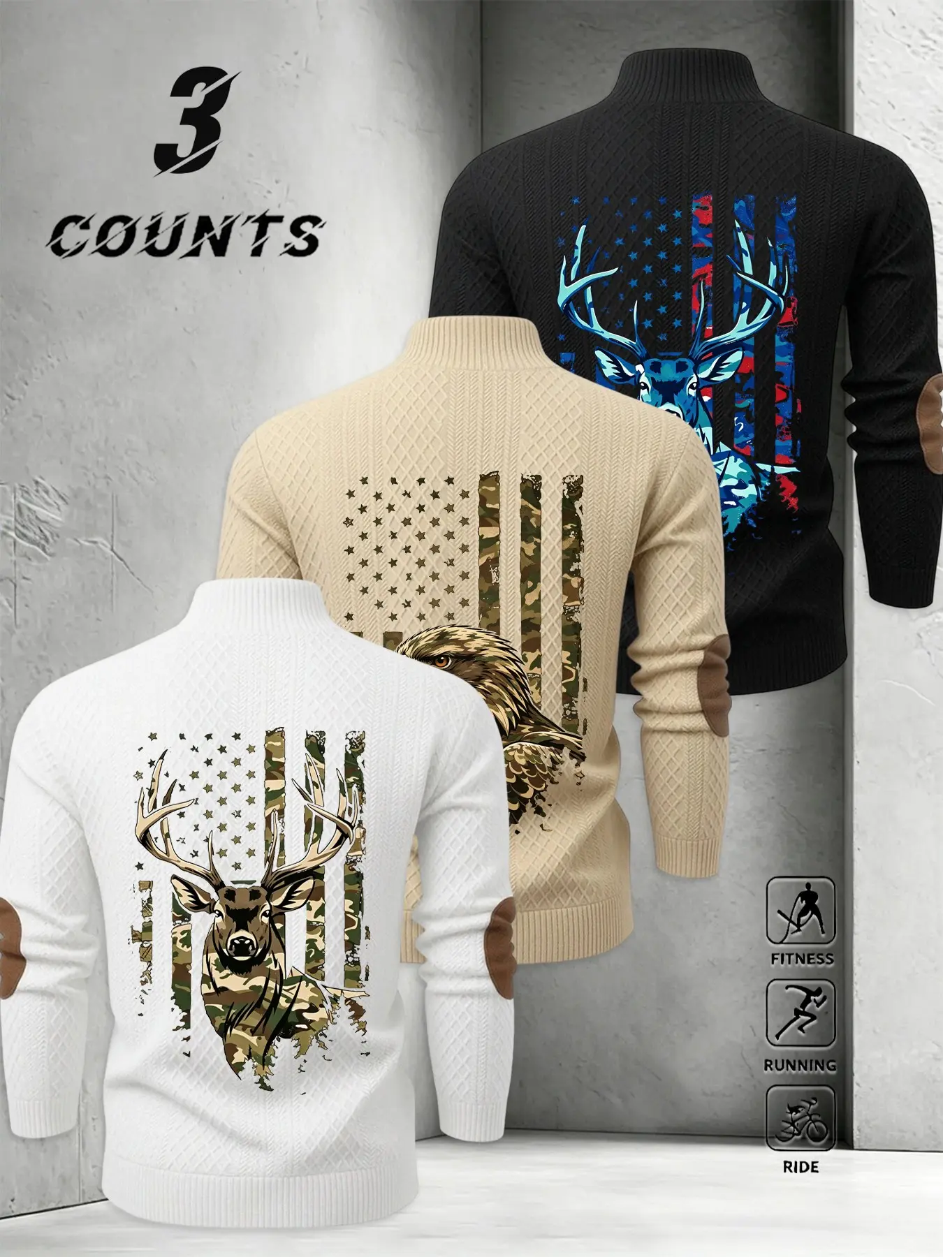 3-Pack Men's Half-Height Neck Knit Sweaters, American Outdoor Hunting Style, Camouflage Flag Moose Eagle Back Print, Elbow Patch Long Sleeve Top