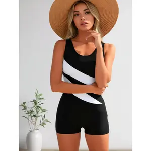 Multi-Print U-Neck Boyleg Swimsuit Women, High Stretch Tummy Hiding One Piece Swimwear, Modest Wide Shoulder Strap Bathing Suit, Trendy Summer Outfit for Beach Trip, Pool Workout & Hot Spring Bath, All Sizes S-XL Available bikinis