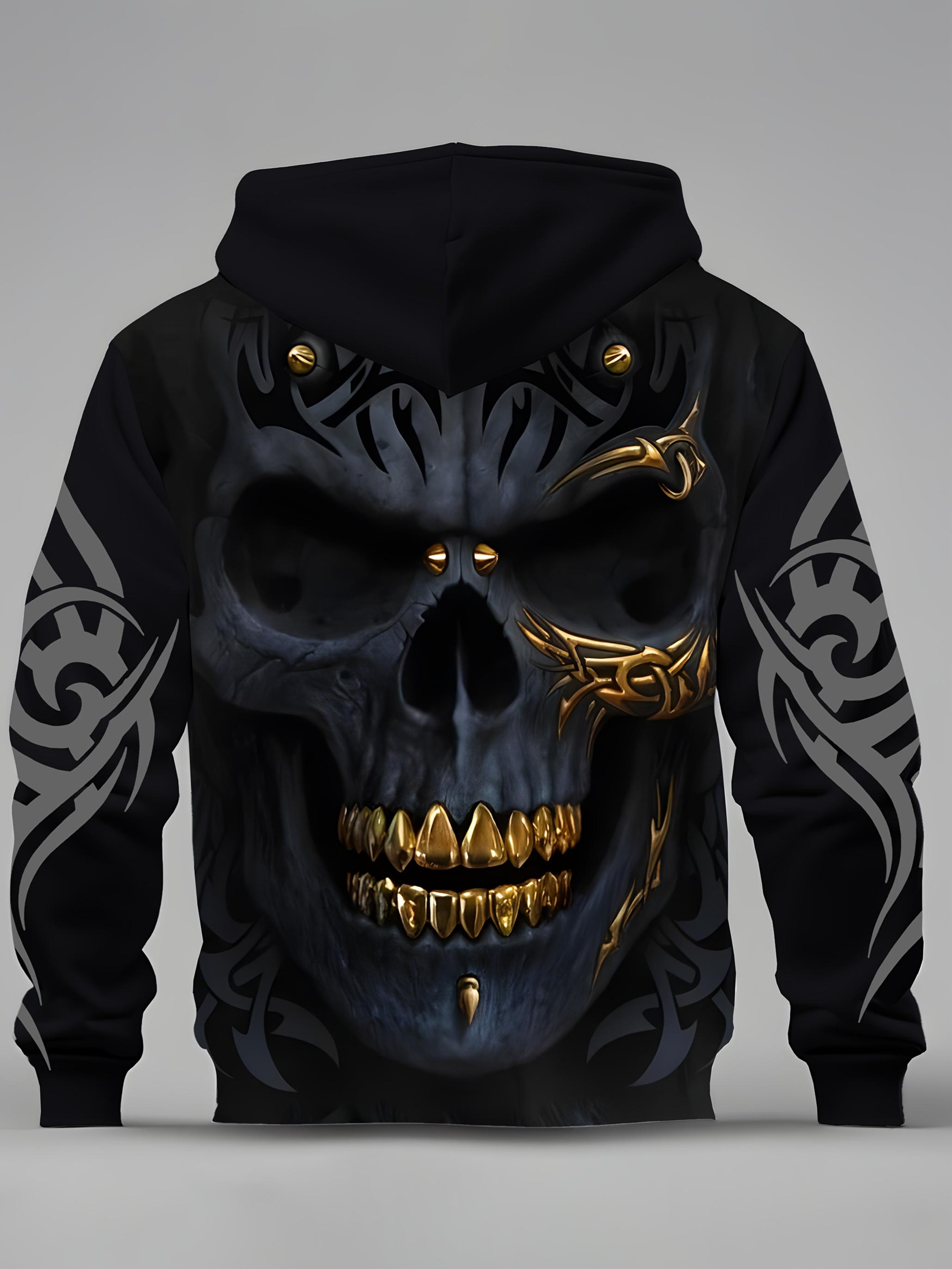 Men's fashionable casual novel skull pattern printed zipper pocket hoodie