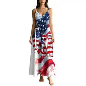 Womens Red White And Blue American Flag Star Print Spaghetti Strap V Neck Maxi Dress Soft Lightweight Casual Loose Fit Patriotic Fourth Of July Sundress