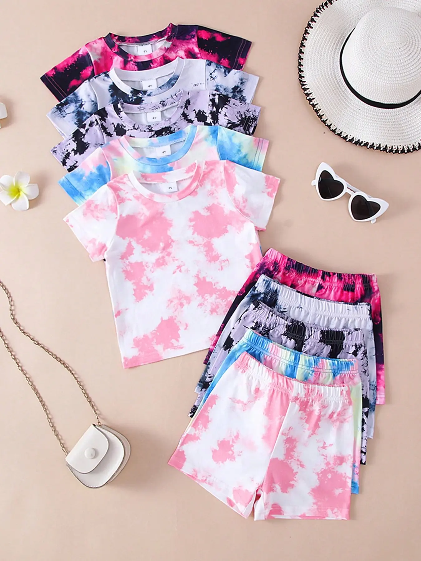 Girls' 10-Piece Set, Casual Tie-Dye Print, Soft Knit Fabric, Short Sleeve T-Shirt and Shorts, Ideal for Outdoor Wear, Summer Outfits, Summer Clothing Set, Clothes Kids