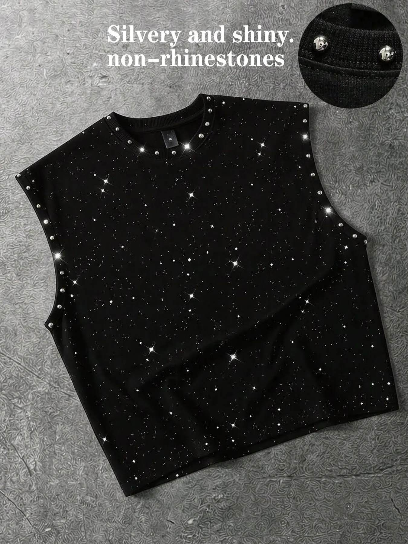 Street-style sleeveless tank top featuring an all-over starry sequin pattern and silver studs; a classic, loose-fit, unisex crew-neck vest with stud detailing along the neckline and armholes.