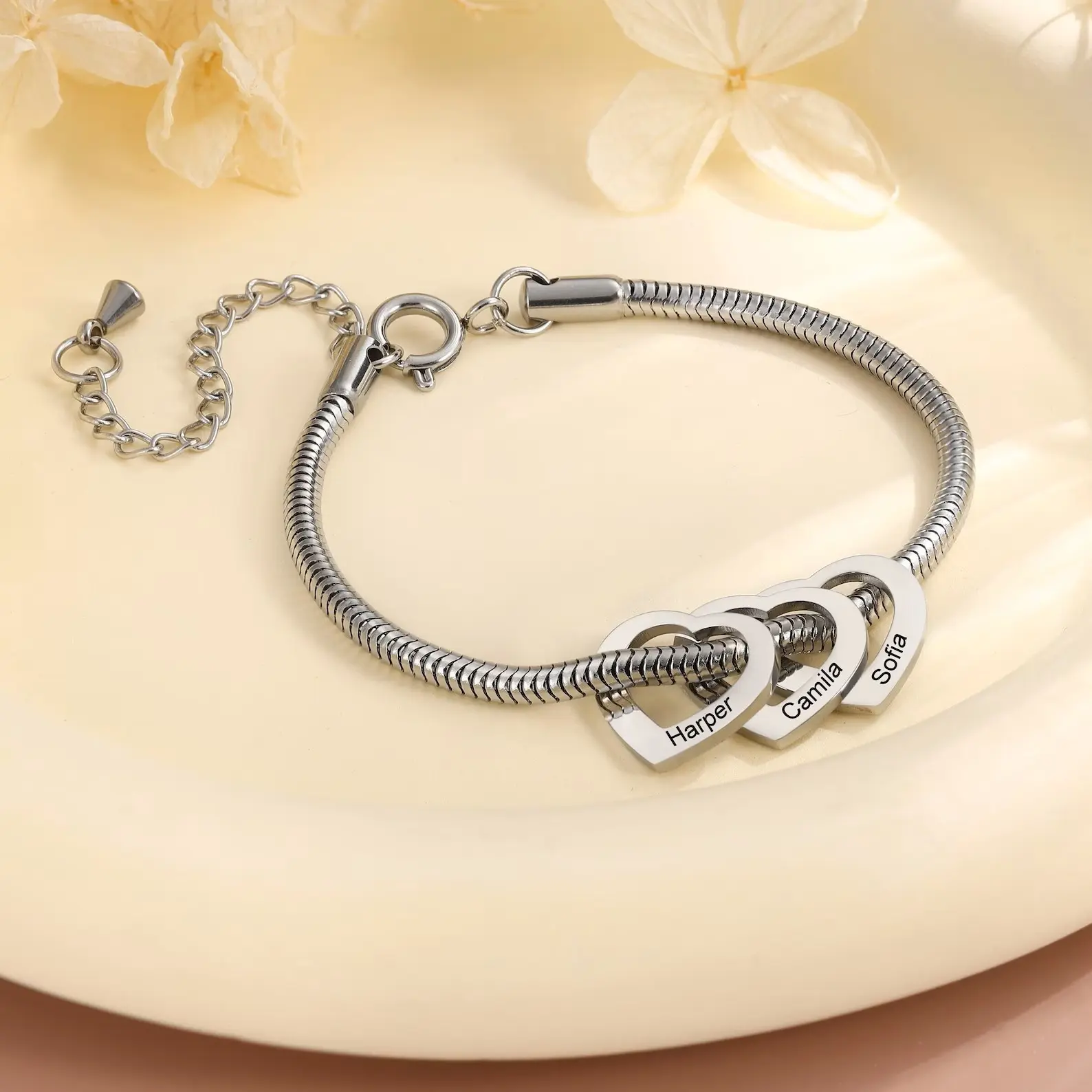 AS976 Personalized Mom Bracelet with Kids Names, Custom Heart Charm Bracelet, Engraved Name Jewelry, Gift for Mom Grandma AS976 Personalized Mom Bracelet with Kids Names, Custom Heart Charm Bracelet, Engraved Name Jewelry, Gift for Mom Grandma