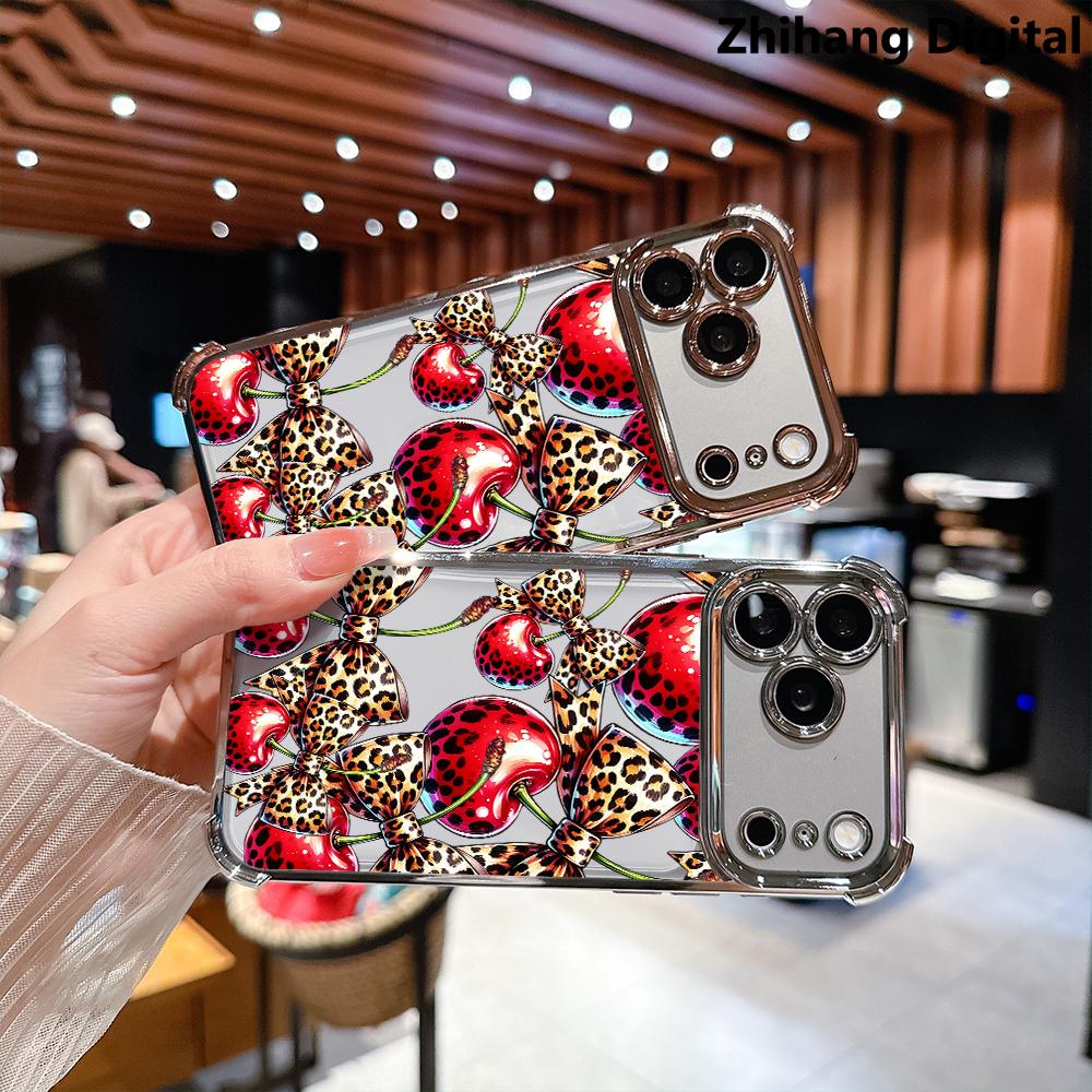 Cherry leopard print bow pattern four-corner shockproof transparent electroplated protective phone case for iPhone 17 Pro Max Air 16 Plus 15 14 13 12 11 Simple and stylish Durable Drop Protection Shockproof smartphone Cover