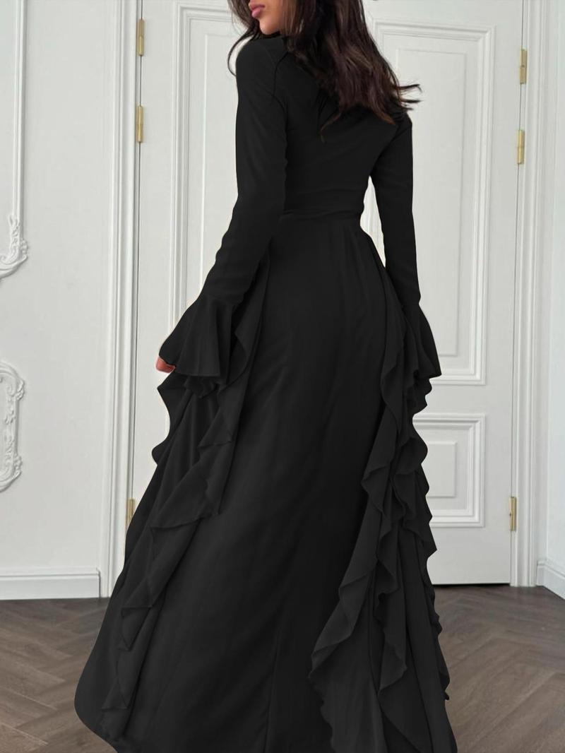 Solid-Color Flare-Sleeve Long Dress with Waist-Cinching Effect, Plain Pattern Slim-Fitting Holiday Dress for Women, Perfect for Spring and Fall