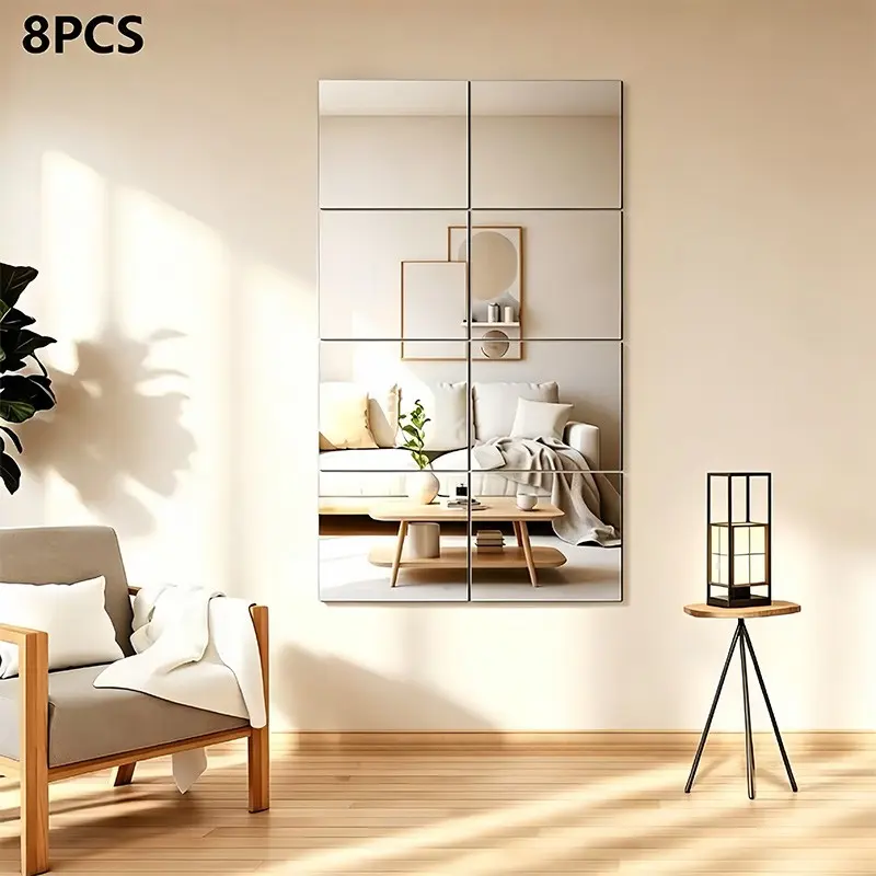 Home Gym Mirrors for Gym, 8pcs Full Length Acrylic Wall Mirror Tiles, Self Adhesive Frameless Wall Mirror for Bedroom, Garage, Living Room, Over The Door, Dorm Mirrors, Dorm Decorations, Dorm Mirror Wall Stickers, Home Decor, Mirror Wall Stickers