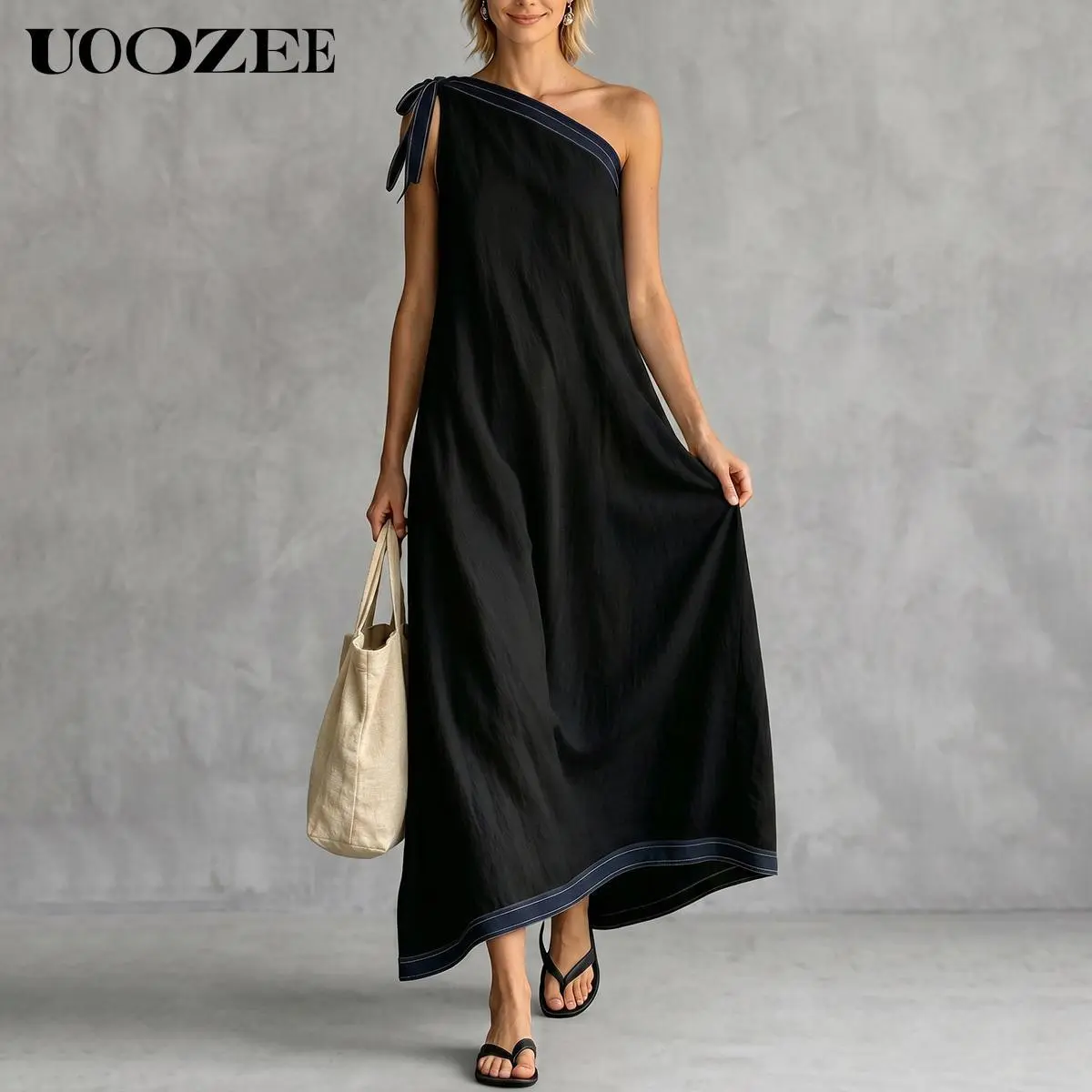 UOOZEE Women's New 2026 Contrast Stitch One Shoulder Sleeveless Tie Strap Linen Blend Maxi Dress, Loose Fit Vacation Sundress with Pockets, Size Up for Full Bust&C+ Cup, Petite Length Note