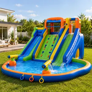 9-in-1 Inflatable Water Slide Park - Dual Slides, Climbing Wall, Basketball, Ring Toss, Water Guns, Splash Pool for Kids Outdoor Backyard Summer Fun
