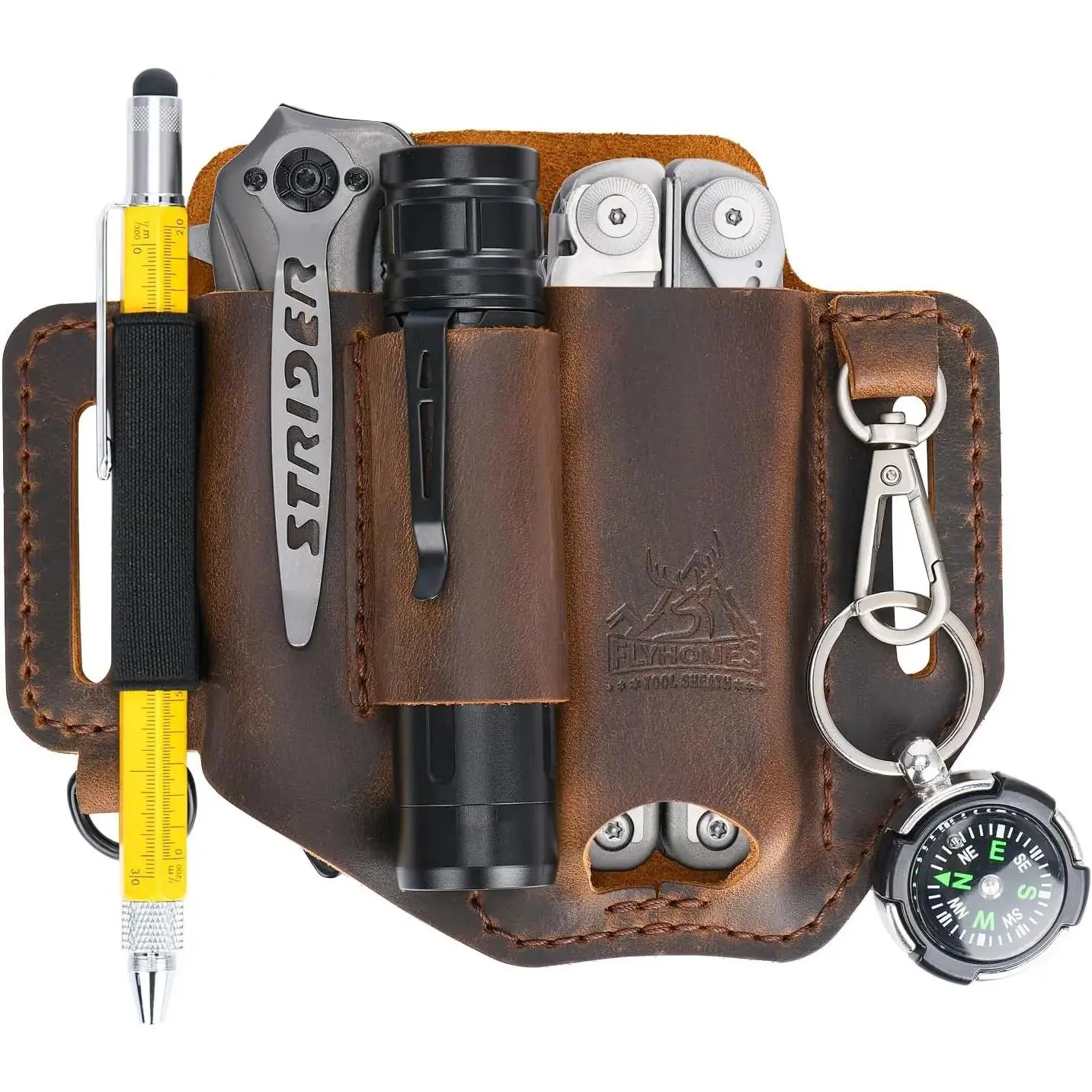 Full-Grain Genuine Cowhide Leather Multitool Sheath |    Stitched Belt Organizer for , Flashlight, Pen & EDC Tools |   Multi-Tool Holster Pouch with  Clip JianShuLuxe